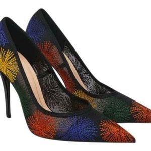 Zara Black Mesh Pointed-Toe Heels with Multicolor Floral Bursts